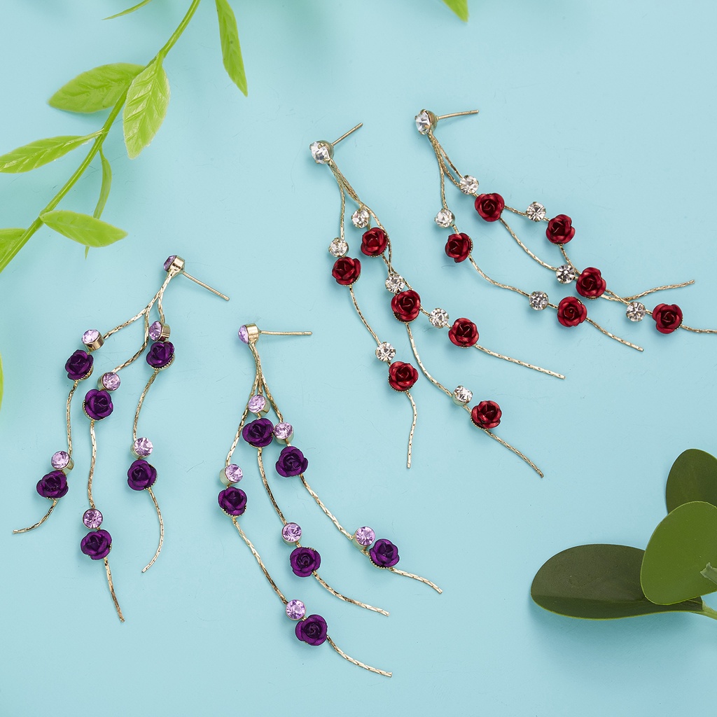 Khuyên tai RINHOO FRIENDSHIP bạc s925 dáng dài hình hoa hồng đính đá phối tua rua thời trang dự tiệc cho nữ