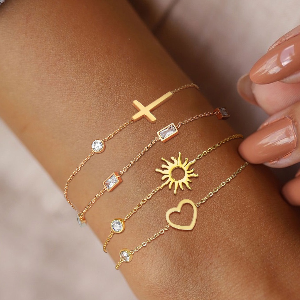 Vnox Vòng Tay Mắt Xích Mảnh Ghép Khối CZ Sáng Bóng Nhiều Lớp Tông Màu Vàng Trang Sức Cho Nữ