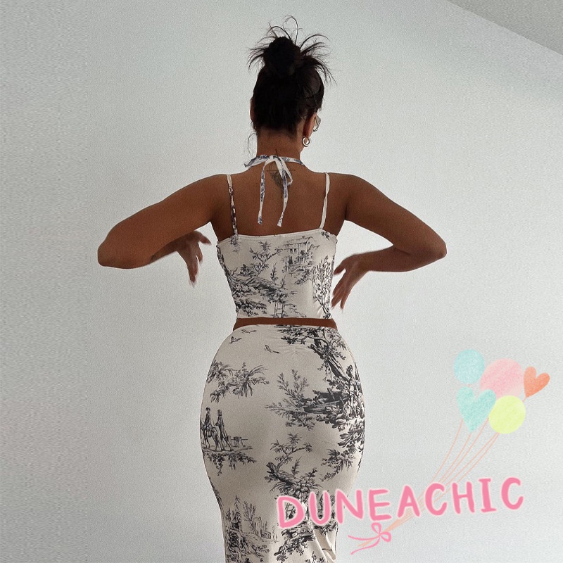 DUNEA Set Áo Tank Top Hở Lưng + Chân Váy Ôm In Họa Tiết Thời Trang Cho Nữ
