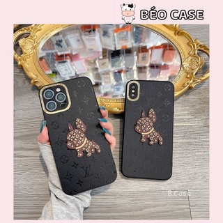 Ốp lưng l v đen camera viền vàng phối chó bull dog nổi 3d cạnh vuông