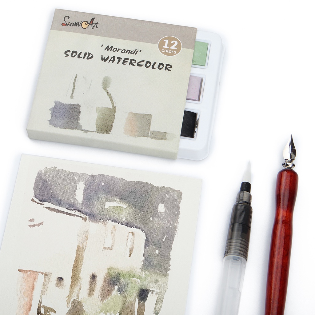 Hộp màu nước SeamiArt 12 màu Morandi bằng thiếc dùng cho vẽ hoạt hình và tranh chân dung