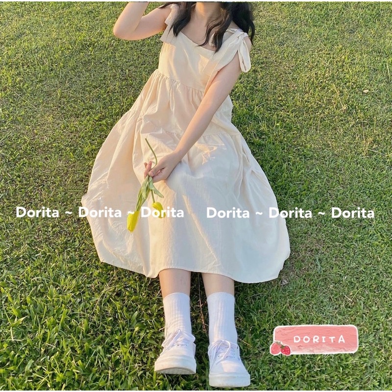 Váy babydoll hai dây buộc nơ vai 2 lớp, Đầm hai dây bản to dáng dài - Dorita Boutique