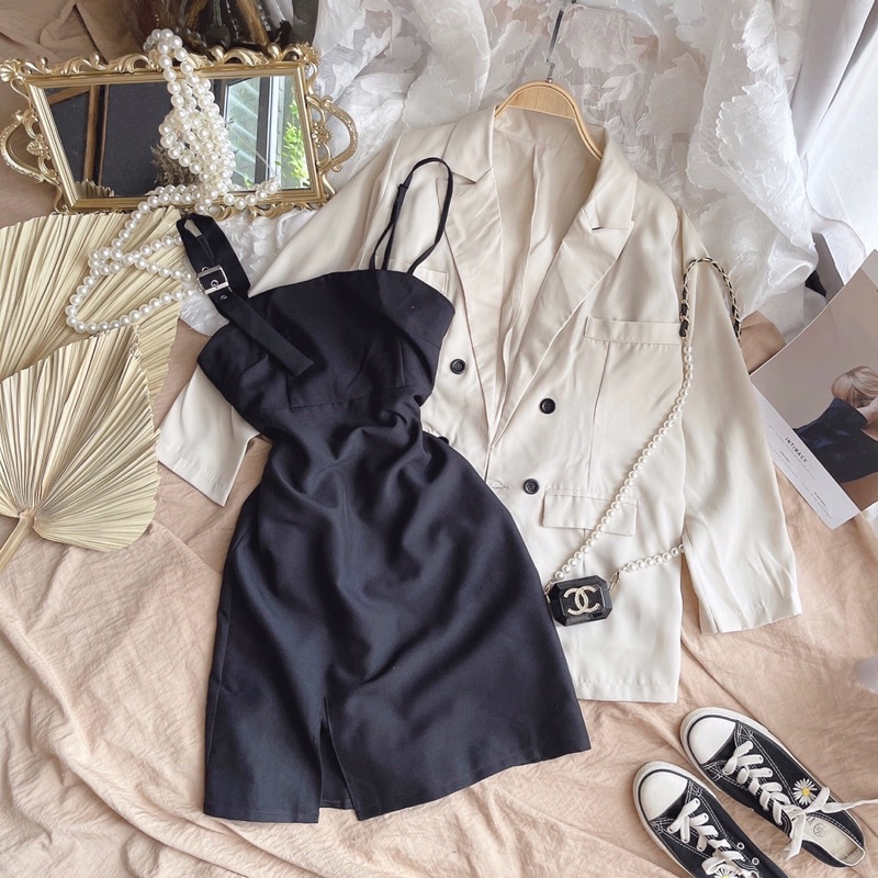 SET ĐẦM KIỂU HAI DÂY XẺ ĐÙI + ÁO KHOÁC VEST XỊN [kèm ảnh thật]