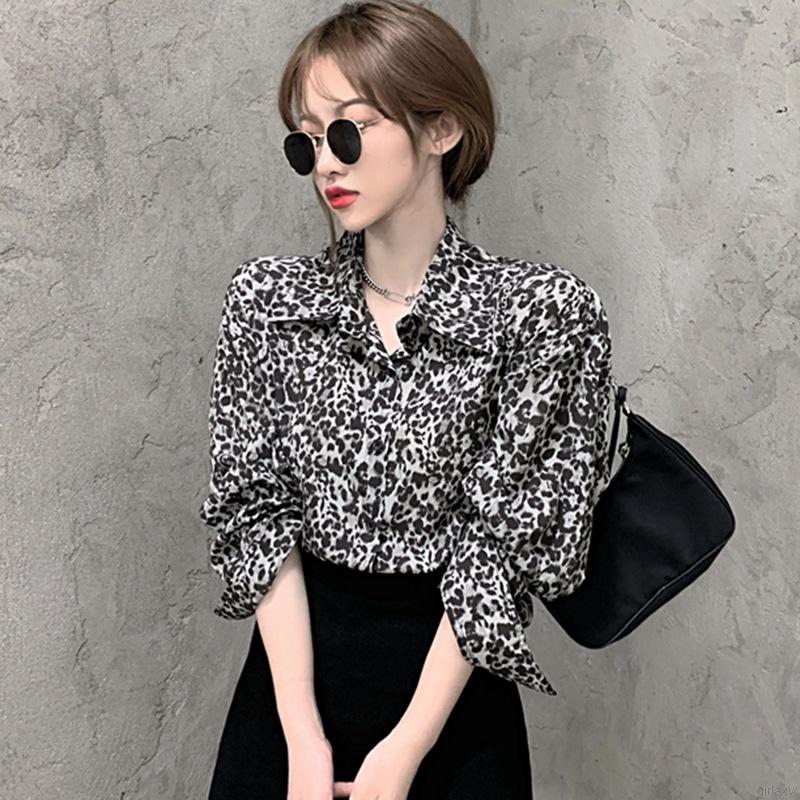Áo Sơ Mi Dài Tay Dáng Rộng In Họa Tiết Da Báo Kiểu Cổ Điển Hàn Quốc Cá Tính