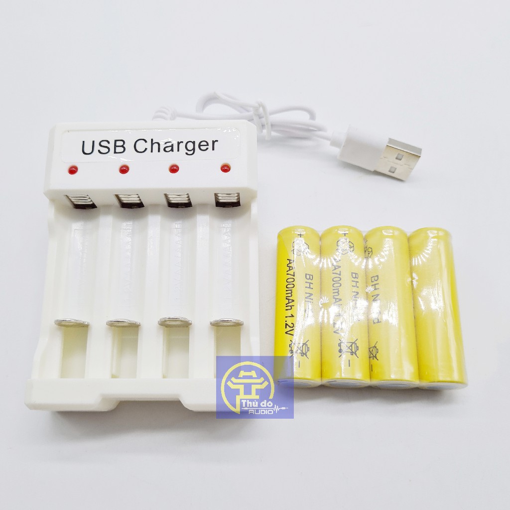 Bộ Vỉ 04 viên Pin AA Ni-Cd 1.2V 700mAh, có thể sạc nhiều lần và bộ sạc pin USB Charger loại tốt