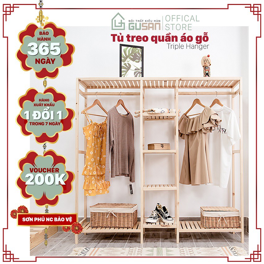 Kệ Treo Quần Áo bằng gỗ 2 tầng thông minh 3 ngăn GUSAN, không gắn tường, tủ treo đồ dùng cho shop thời trang