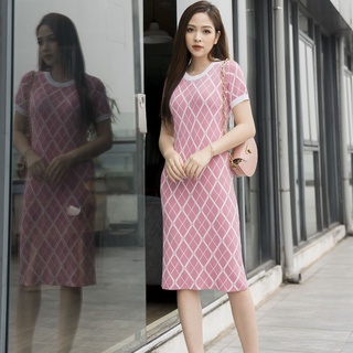 Đầm len hồng kẻ trắng cổ tròn Elise FW2009139DMKFPK