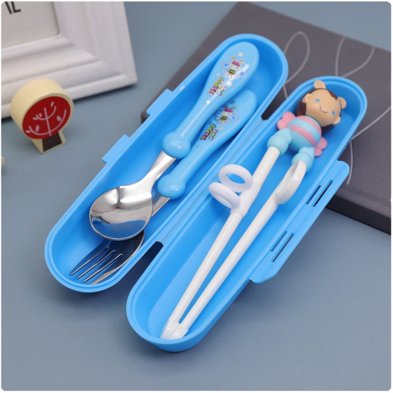 Bộ đũa thìa dĩa 3 MÓN CON ONG 3D kèm hộp cho bé tập gắp ăn