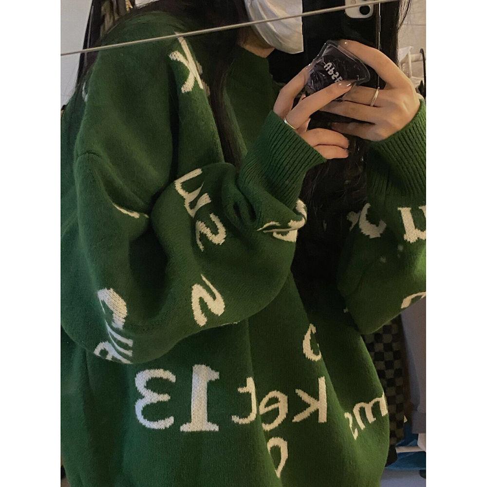 Áo sweater dệt kim dáng rộng in họa tiết chữ phong cách Hàn Quốc thời trang thu đông cho nữ