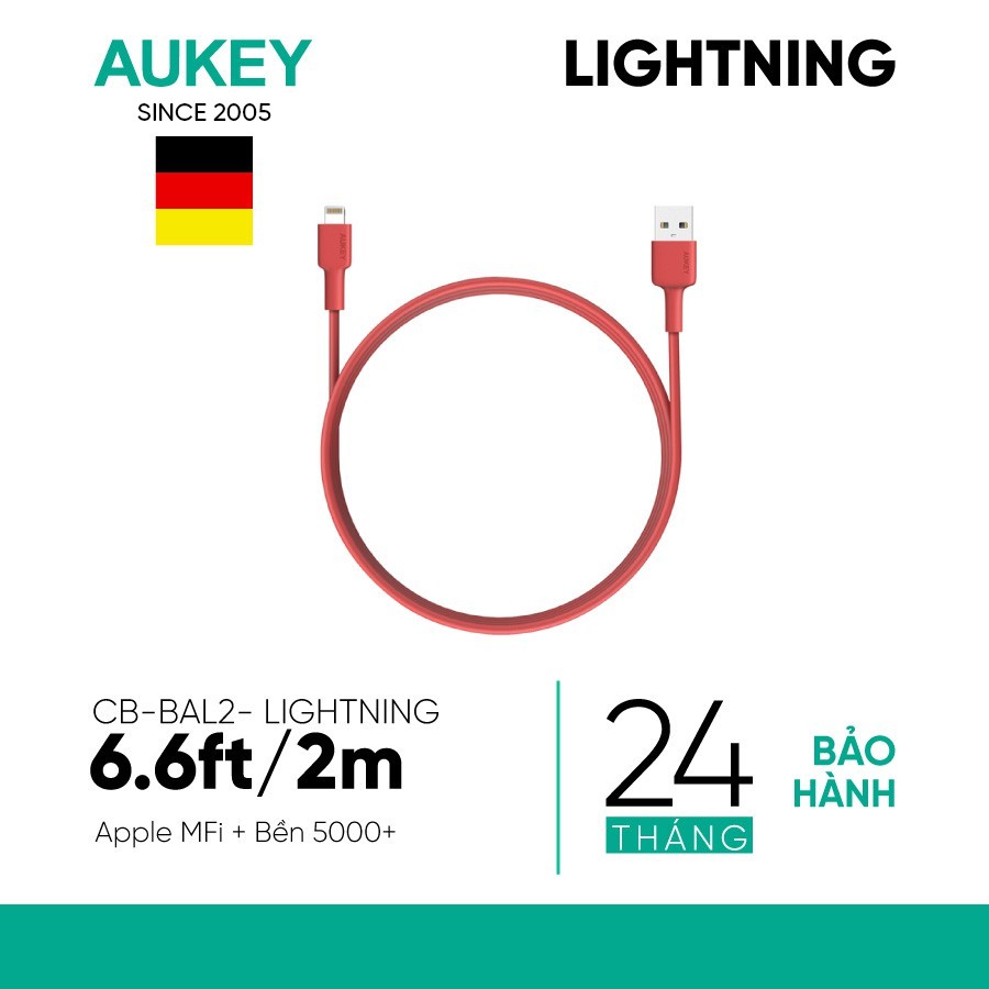Cáp Lightning Aukey CB-BAL2 MFi Apple Nhựa Tổng Hợp Cao Cấp 2m - Hàng Chính Hãng