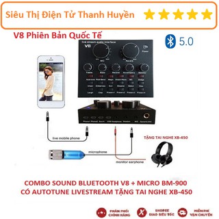 Mic Karaoke Livetream BM 900 + Combo Soundcard V8 Bluetooth + Tặng Tai Nghe XB-450 Hát Karaoke Livetream