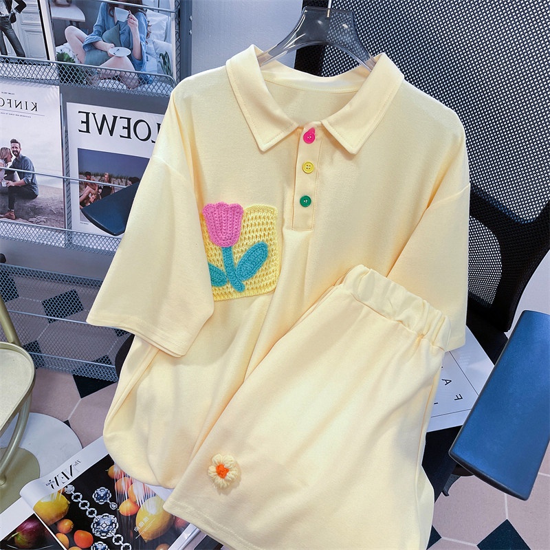 Set Đồ Thể Thao 100% Cotton Gồm Áo Thun POLO Tay Ngắn Cổ Bẻ In Hình Hoa Tulip + Quần Short Cho Nữ