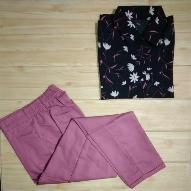 Bộ 3 Món Áo Sơ Mi Mặt Trời Mọc Đen Cài Đặt + Quần BAGGYPANTS Bụi // Tải 1KG