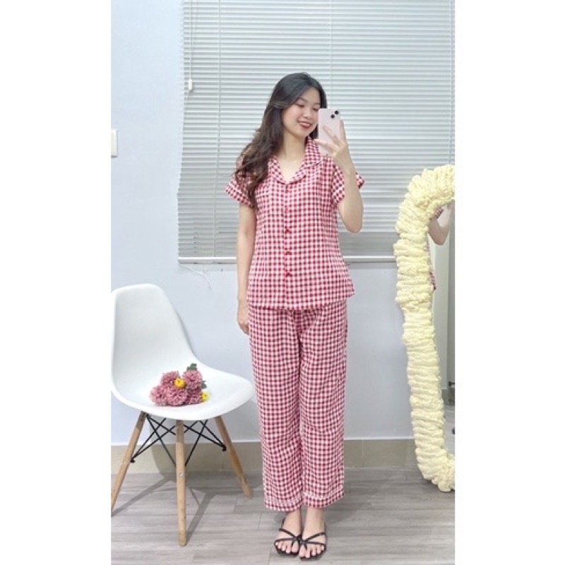 Bộ pijama chất đũi xốp kẻ áo cộc quần dài mặc nhà siêu xinh hàng thiết kế cao cấp