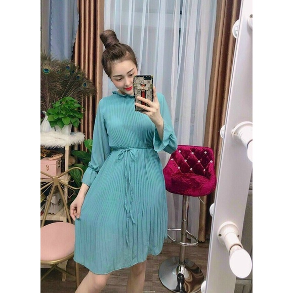 Đầm dập ly dáng suông tay dài cột eo siêu cưng -hình thật.