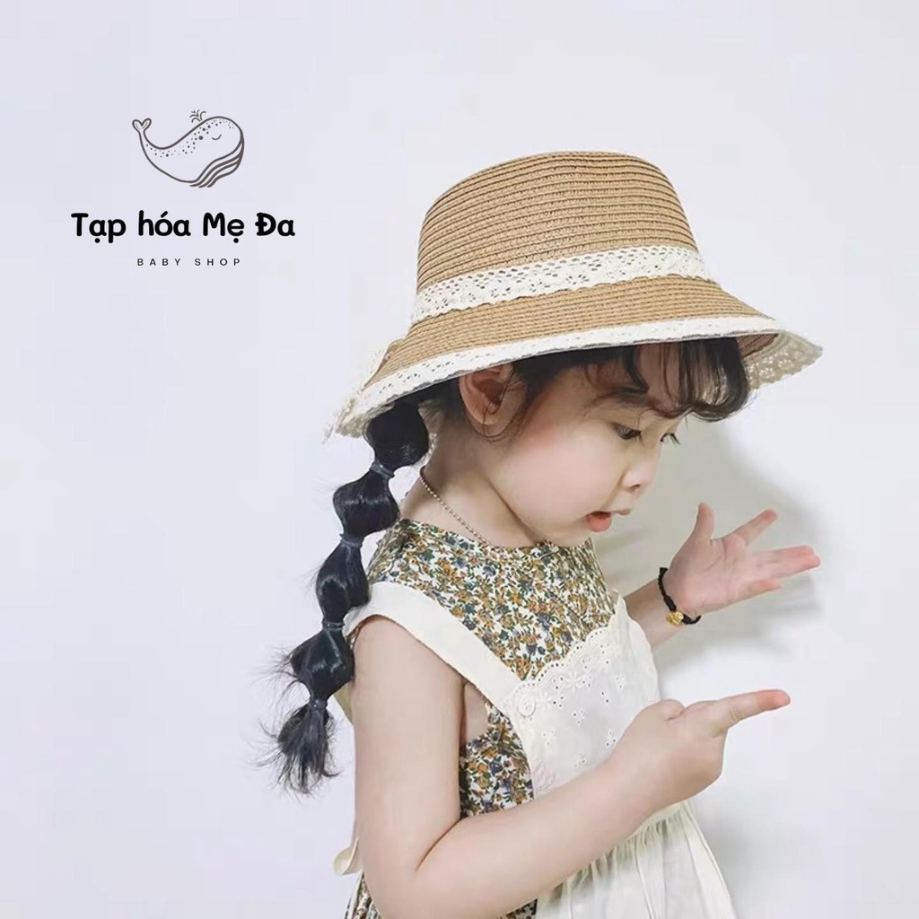 Mũ/nón cói viền ren 2 tầng thắt nơ xinh xắn phong cách vintage Hàn Quốc freesize cho bé từ 3 đến 10 tuổi