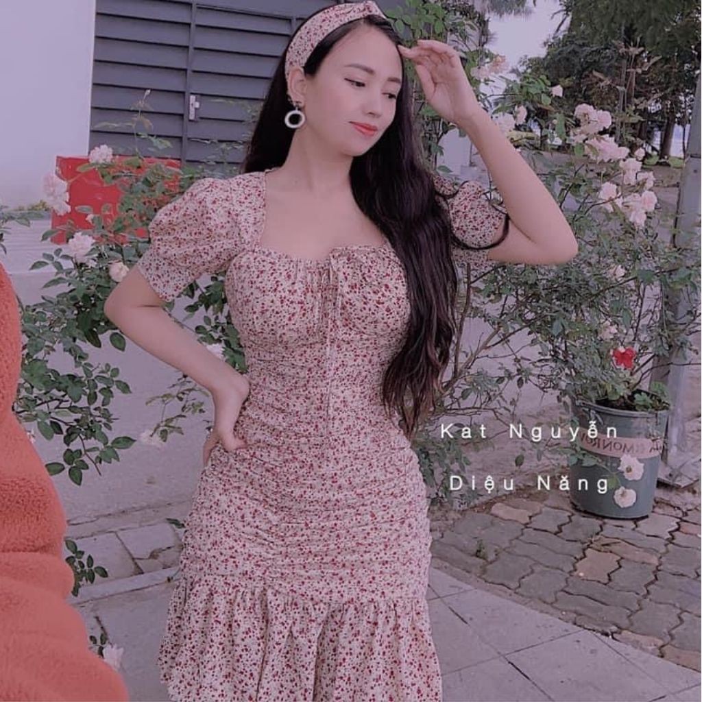 Váy Thiết Kế Body hoa nhí, váy hoa nhí nhăn đuôi cá xinh xắn, kèm khăn đầu - H&N Store | BigBuy360 - bigbuy360.vn