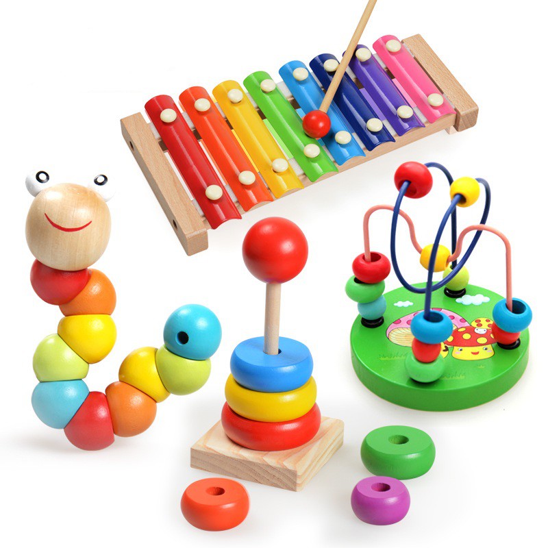 đồ chơi gỗ bộ 4 món - luồn hạt - con sâu gỗ - đàn gỗ 8 thanh - cầu vồng - giúp bé phát triển thông minh