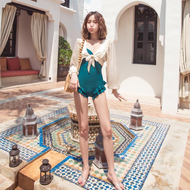 Tủ đựng & Hộp lưu trữÁo tắm một mảnh suối nước nóng màu đỏ xẻ tà kiểu mới nữ dáng lưới mỏng gợi cảm có phần cổ ti