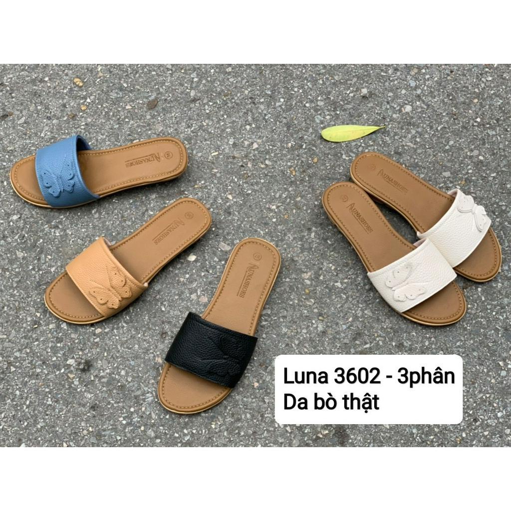 Dép nữ quai ngang đế bằng cao 2p LUNASHOES 3602 da bò thật thêu hình đẹp hở mũi mát êm chân bảo hành lên tới 2 năm