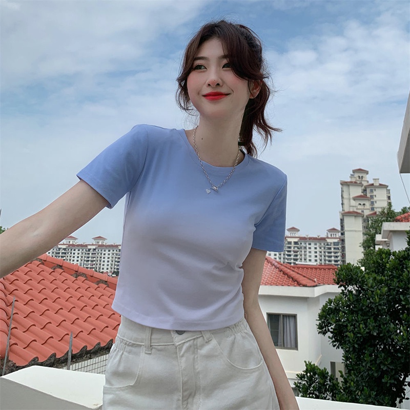 Áo thun IELGY ngắn tay màu gradient họa tiết trái tim thời trang cho nữ