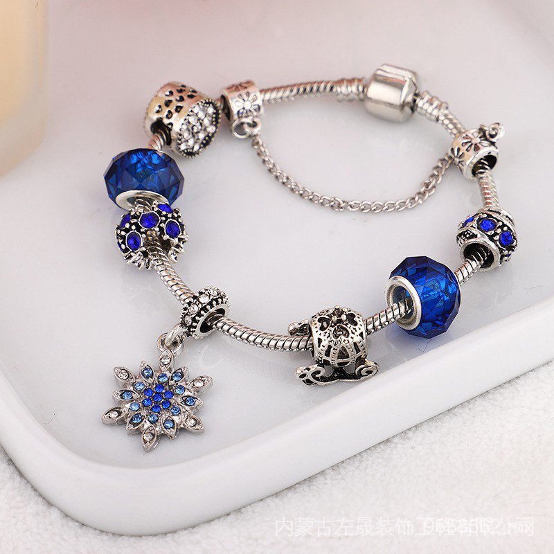 Vòng Đeo Tay Pandora Mặt Kính Hình Bông Tuyết Đính Kim Cương Màu Xanh Dương Lấp Lánh Quà Tặng Sinh Nhật NkNR