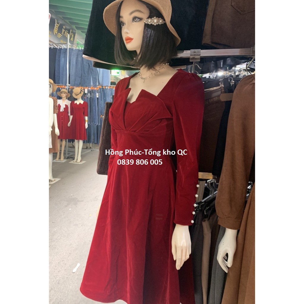 Váy nhung tiểu thư  tay đính ngọc hàng quảng châu cách điệu | BigBuy360 - bigbuy360.vn