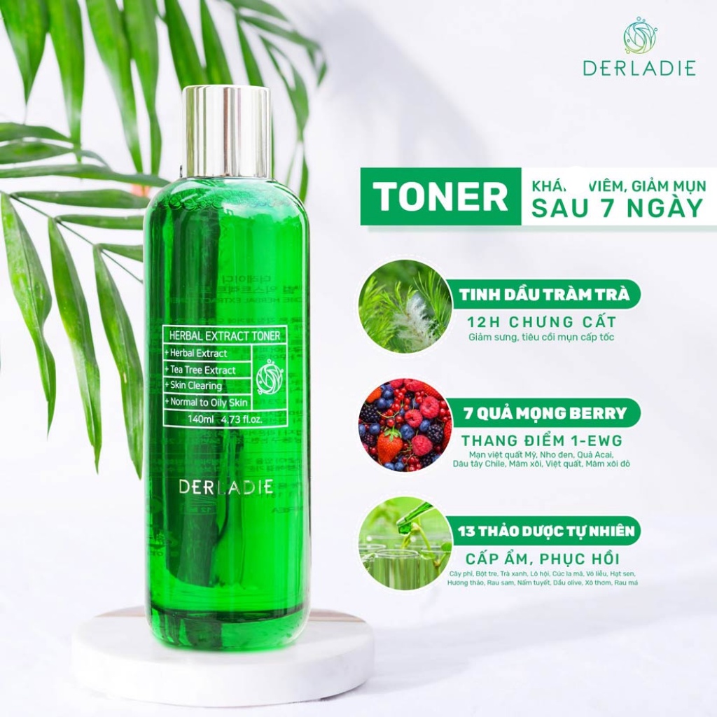 Toner Tràm Trà Derladie Nước Hoa Hồng Giảm Mụn Sau 7 Ngày Derladie Herbal Extract 140ml chính hãng