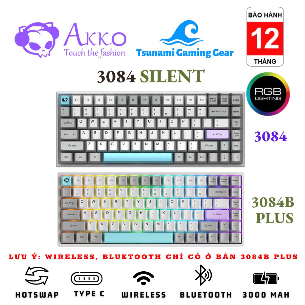 Bàn phím cơ không dây Akko 3084 Silent (3084 | 3084B Plus) | RGB | Bluetooth | Hotswap | USB Type C