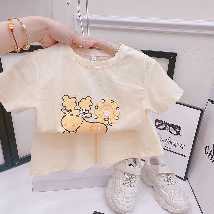 Bộ Quần Áo Trẻ Em Cộc Tay In Hình Cừu Hoa Vải Cotton Siêu Đáng Yêu Dễ Thương Cho Bé Gái Từ 7-19kg Mã CT51