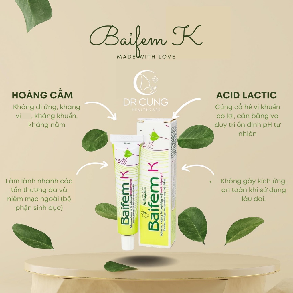 Baifem K - Gel Dưỡng Ẩm Hoàng Cầm, Bảo vệ, Dịu Nhe, Da Cơ Địa, Chàm Sữa, Mẩn Ngứa (Tuýp 15g) [Chính Hãng]