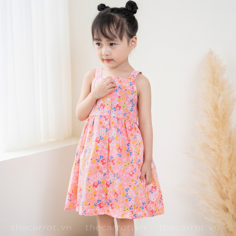 Váy Bé Gái Carrot Hai Dây, Họa Tiết Gấu Teddy Hồng, Teddy Vàng, Chất Liệu Thô Cotton Thấm Hút Mồ Hôi