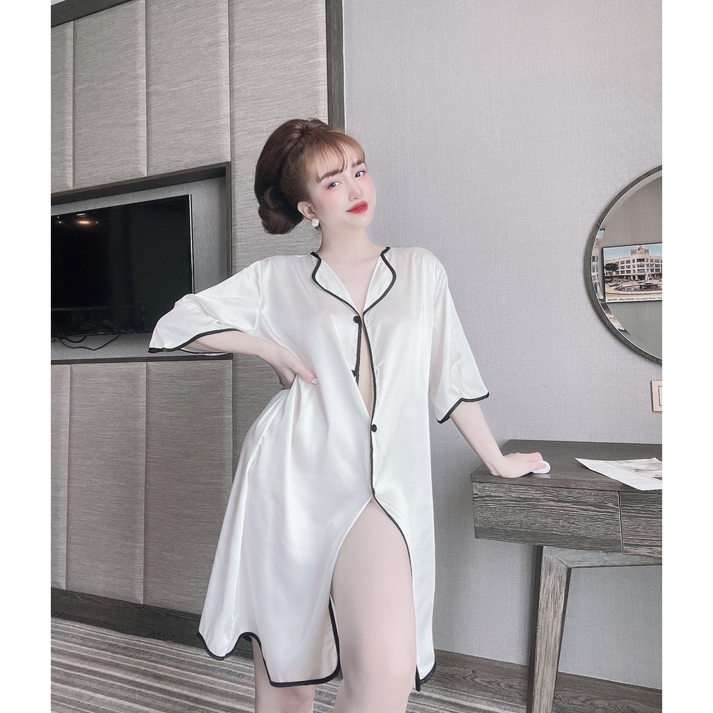 Đầm ngủ sơ mi lụa Latin váy ngủ sexy nữ bigsize cổ bẻ gợi cảm (tặng kèm quần ngủ xinh xắn cùng màu)