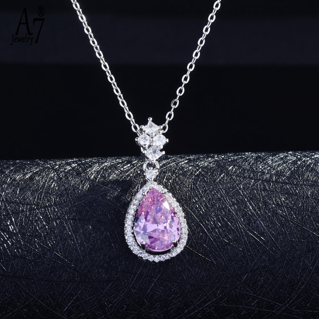 Bộ vòng cổ + bông tai mạ bạc 925 đính đá hình giọt nước màu hồng/xanh dương sang trọng