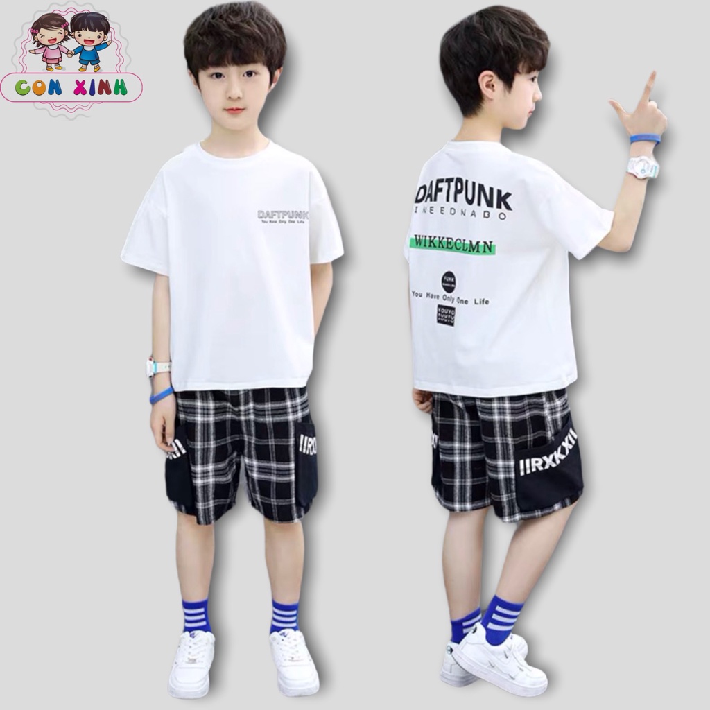 Đồ bộ bé trai CON XINH cotton phối quần caro in chữ DaftPunk,set quần đùi áo thun trẻ em từ 4 đến 10 tuổi