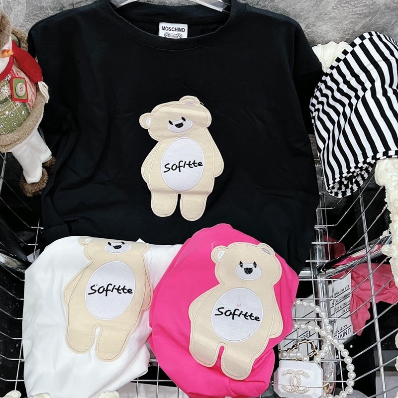 Set áo thun cotton gấu thêu quần ống rộng xinh xắn d8