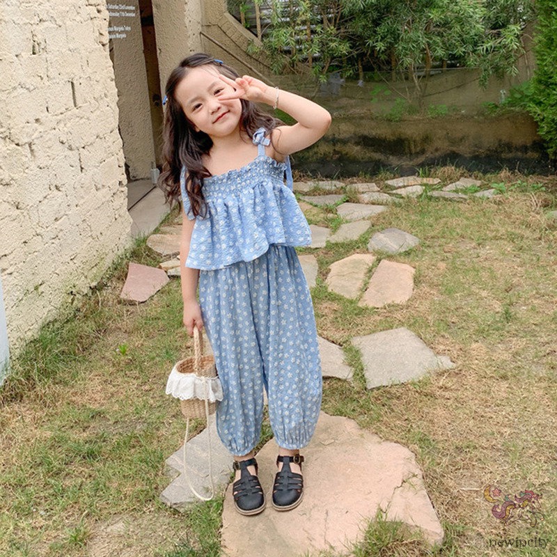 Bộ Áo Sát Nách In Hoa + Quần Dài Chống Muỗi Kiểu Hàn Quốc Dễ Thương Cho Bé Gái