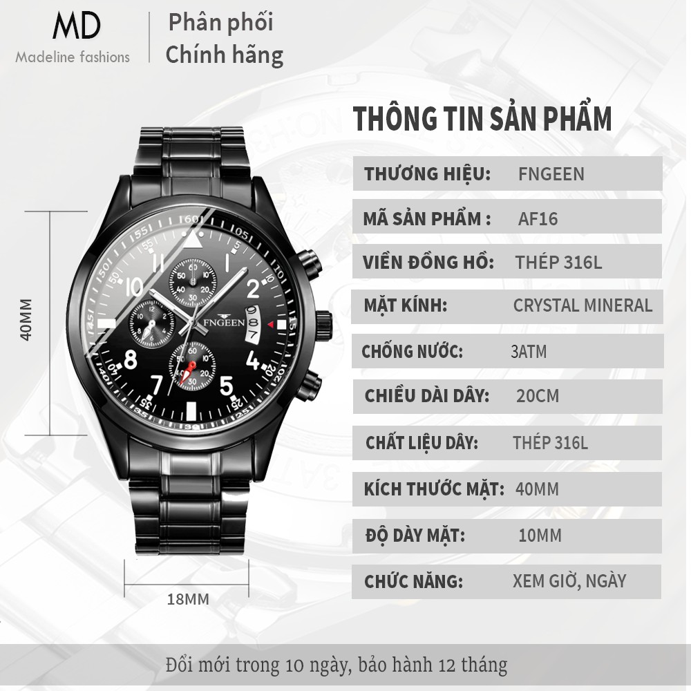 Đồng hồ nam FNGEEN dây thép mạnh mẽ lịch lãm ( Tặng kèm tỳ hưu, tháo mắc đồng hồ, Mã: AF16 ) | BigBuy360 - bigbuy360.vn