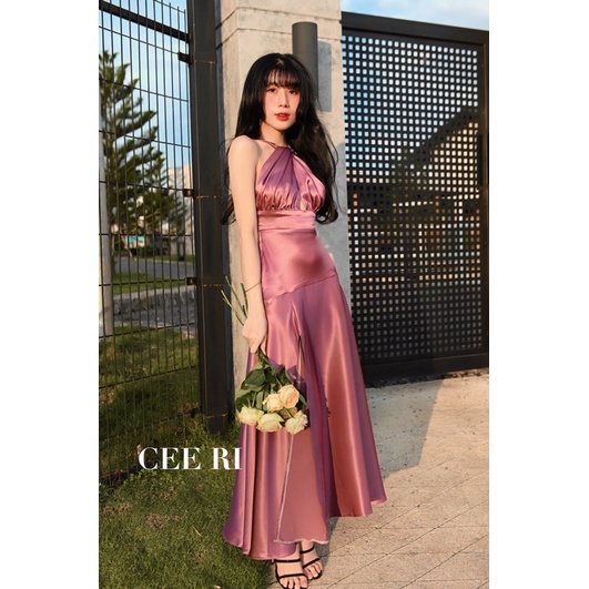 Váy lụa CEE RI form dài xẻ tà cao cấp màu hồng ruốc ánh tím ( Ảnh thật - Chính chủ CEE RI )