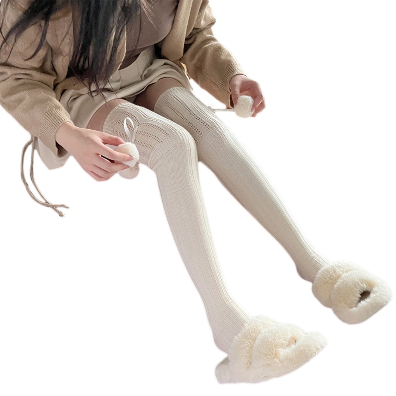 Tất Dệt Kim Cao Ngang Đùi Đính Nơ Màu Sắc Trơn Thời Trang Mùa Thu Cho Nữ