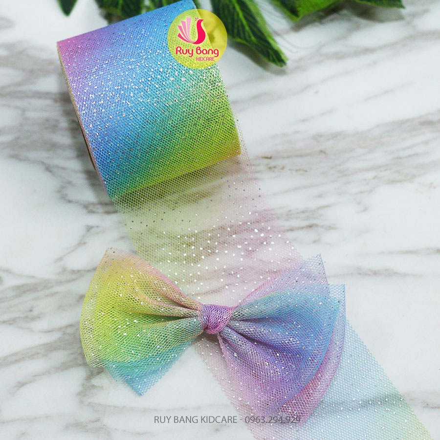 Ruy băng voan lưới phủ nhũ cầu vồng rộng 6cm