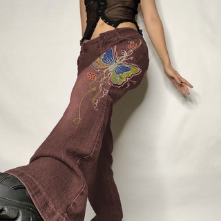 Quần ống loe denim cạp thấp thêu