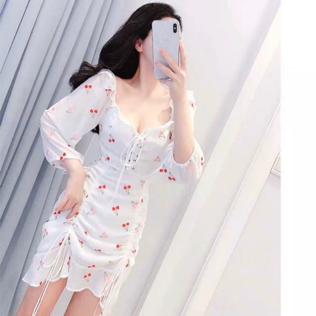 Đầm váy cherry trắng rút dây (kèm hình thật)