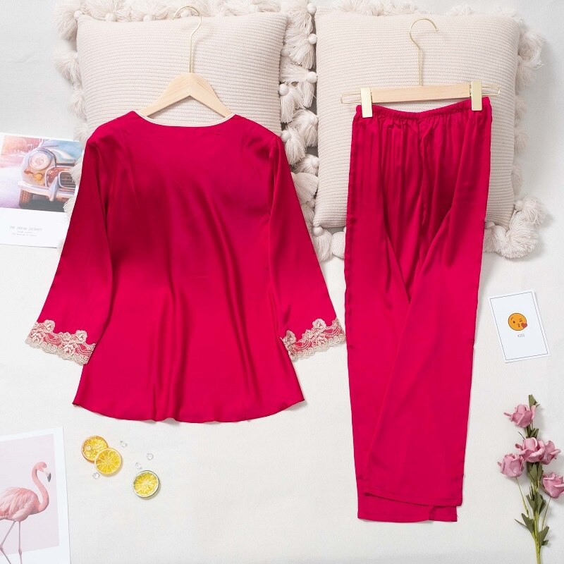 Bộ Đồ Ngủ Tay Dài Cổ Chữ V Chất Liệu Satin Mềm Mại Quyến Rũ Cho Nữ