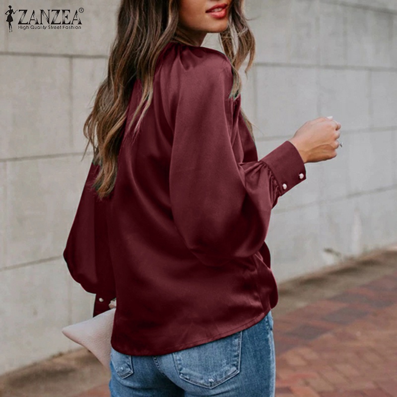 Áo kiểu ZANZEA cổ tròn tay phồng vải satin phối khuy thời trang dành cho bạn nữ