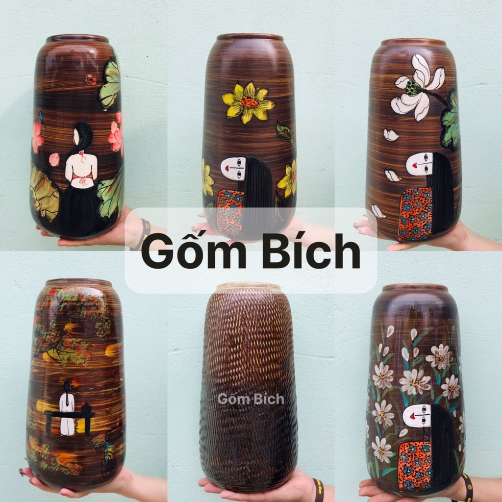 Bình Hoa Lọ Hoa Gốm Dáng Bom Men Mộc Vẽ Tay Thủ Công Gốm Sứ Bát Tràng - Gốm Bích