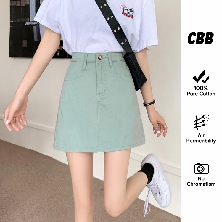 Porozi Chân váy jean lưng cao dáng chữ A phong cách retro Hàn Quốc