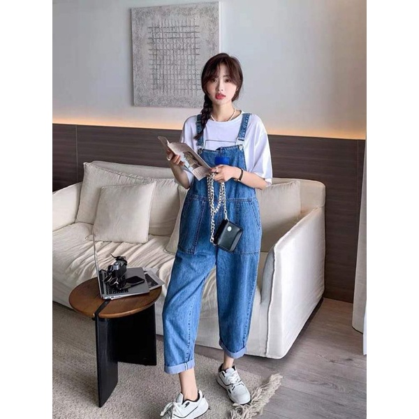 Quần Yếm Denim Ống Rộng Phong Cách Thời Trang Hàn Quốc Dễ Phối Đồ