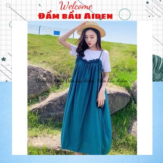 Váy bầu xinh dáng yếm bigsize màu xanh chất cát hàn mùa hè