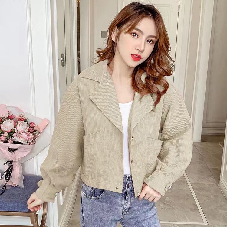 IELGY    Áo Khoác Nhung Kẻ Ngắn Giản Dị Dành Cho Nữ